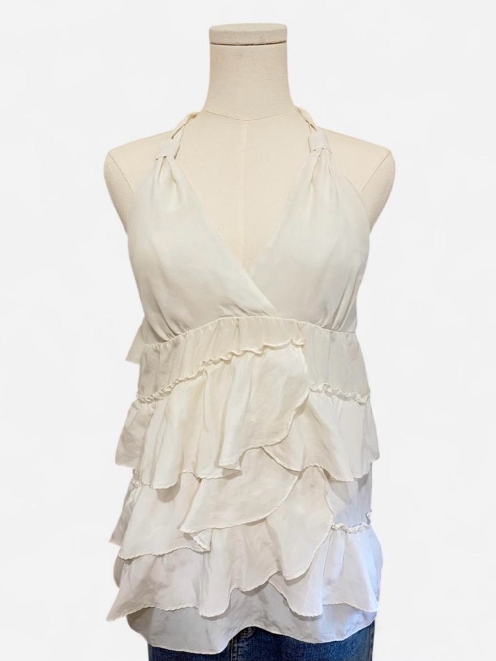 Vintage Y2K Banana Republic 100% Silk Ruffle Halter Top M Open Back Ivory